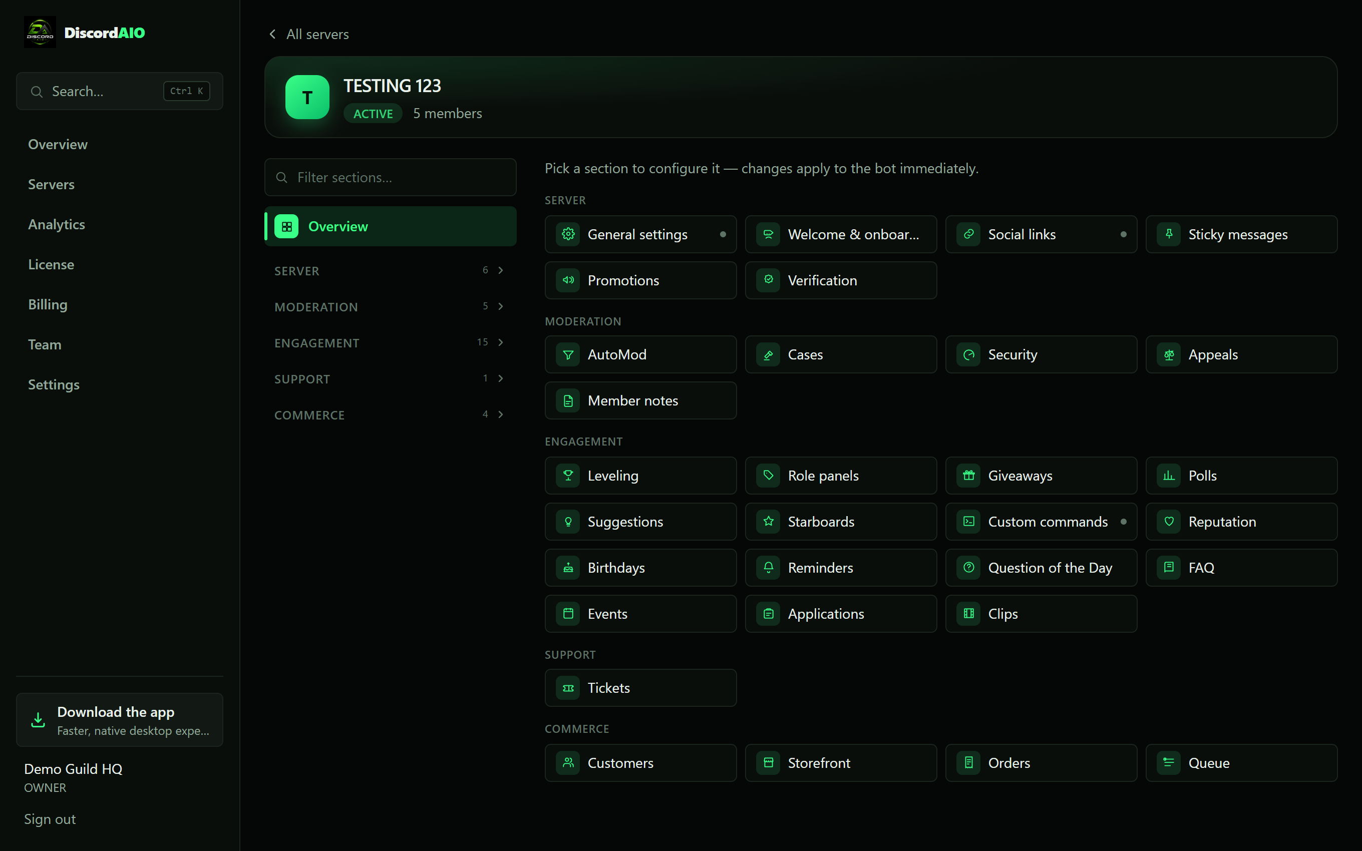 The DiscordAIO desktop app — configure every feature for a server